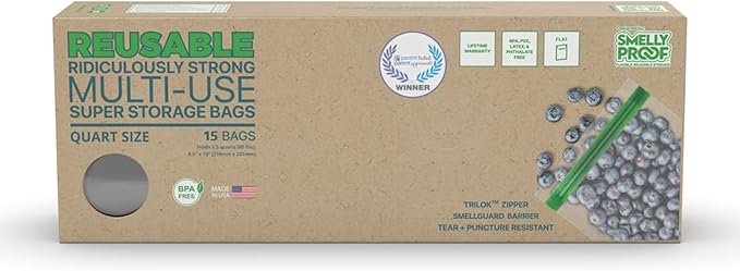 Reusable Food Storage Bags Designed & MFG by Smelly Proof, USA MADE, Dishwasher-Safe, Easy-To-Clean, NO PEVA & BPA FREE, Clear FLAT Large 3-mil Thick, 8.5" x 10", Quart Size Bags, 15-Bags