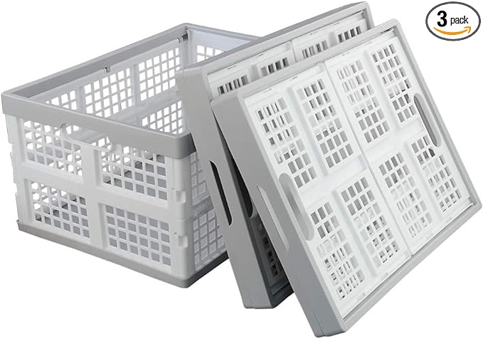 Vababa 28 L Plastic Collapsible Storage Bins, Stacking Utility Foldable Basket, Set of 3