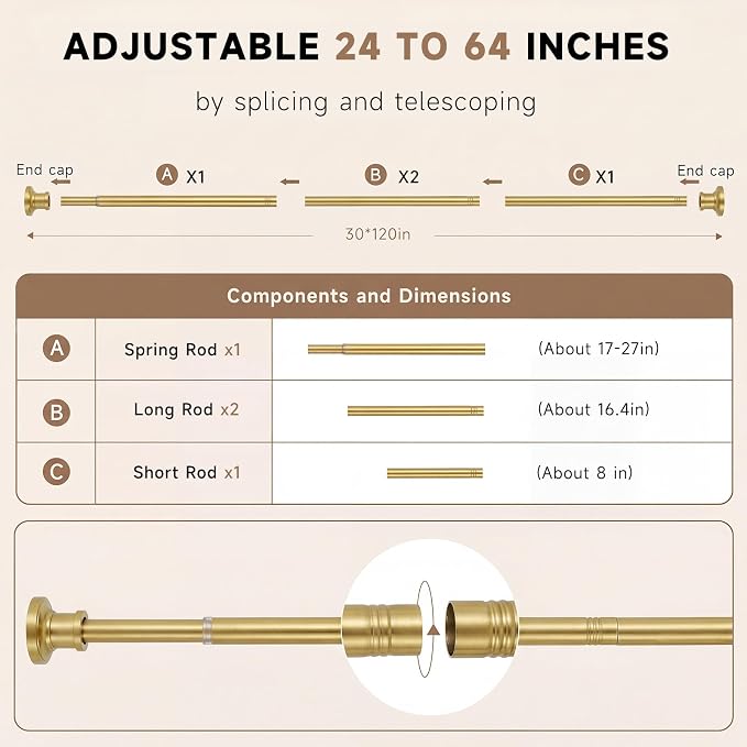BRIOFOX Gold Tension Curtain Rod 24 to 64 Inch(2-5.3ft) - Spring Tension Shower Curtain Rod, No Drilling Brass Gold Tension Rod for Curtains Windows Closet Kitchen