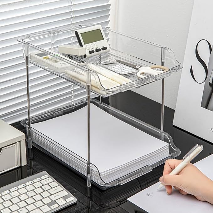 Expandable Cabinet Organizer Shelf, 2-Tier kitchen Counter Organization Shelves, Spice Rack,Clear Plastic Countertop Storage Rack for Makeup, Pantry, Cupboard, Bathroom, Desk Organization