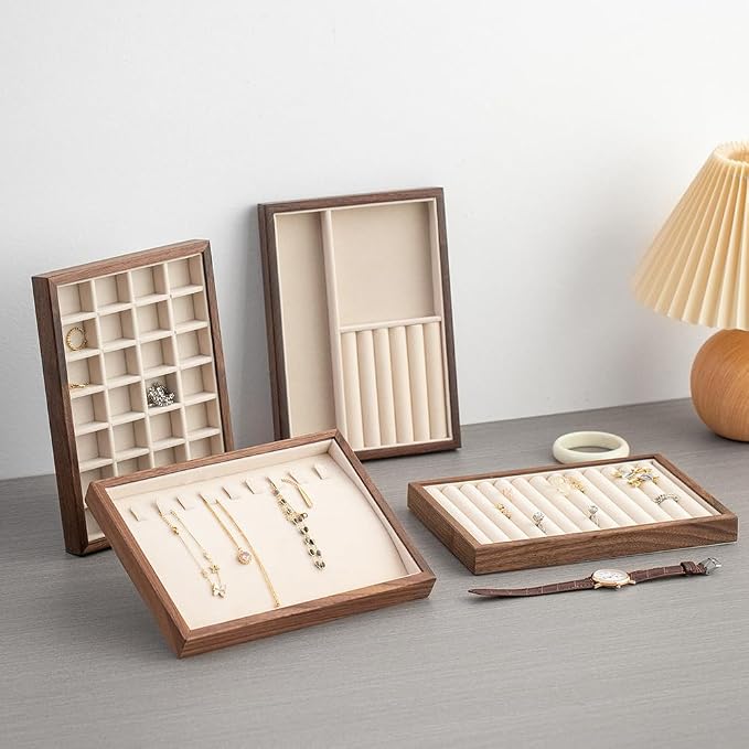 9 Grid +3 Line Black Walnut Wooden Jewelry Tray Organizer with Velvet Lining - Premium Jewelry Storage for Rings, Earrings, Brooches, LuxuryJewelry Drawer Organizer & Display Tray
