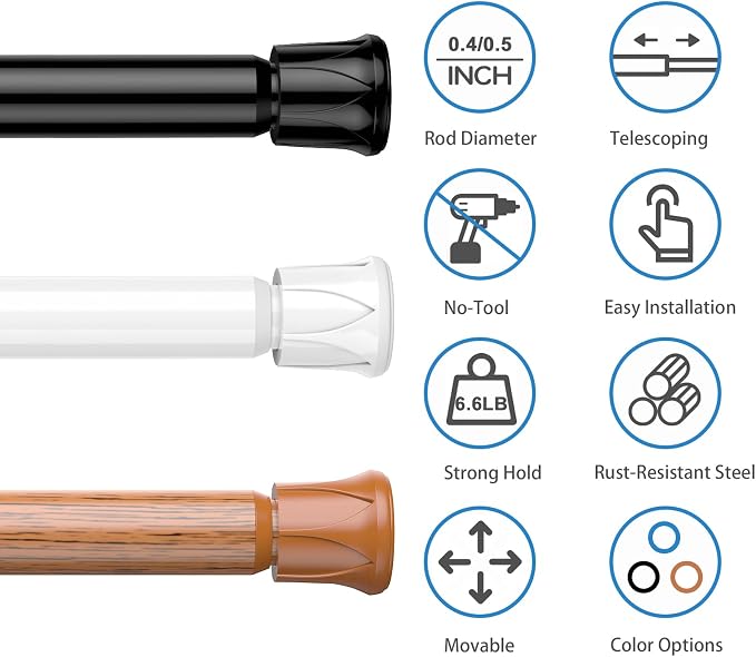AIZESI Spring Tension Curtain Rods Short Tension Rod (Black,8" to 14"-2Pcs)