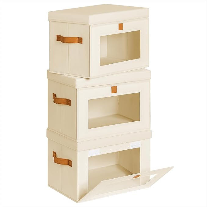 Homsorout Small Fabric Storage bins - Collapsible Storage Bins with Open Window, 3 Pack Closet Baskets for Shelves, Stackable Decorative Boxes for Home, Dorm, Beige, 13.7"x 9.8" x 9.8"