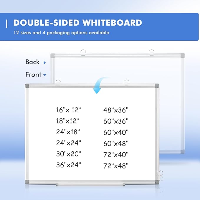 WALGLASS Double-Sided White Board, Dry Erase Board Magnetic Whiteaboard for Wall, Hanging Mounted Whiteboard Silver Aluminium Frame for Home, School, Office, Kitchen, 18''x12''