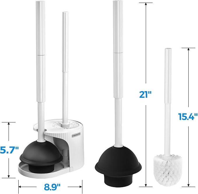 FORASTO 2Pack 2 in 1 Toilet Brush and Plunger Set,Clean Gloves, Extended Handle Plunger，Toilet Bowl Brush Plunger Set,Bathroom Cleaning Tools,Toilet Brush Plunger Combo,Cleaning Brush(Cream White) | 21" Extended, Cleaning Gloves, Heavy Duty Rubber Toil...