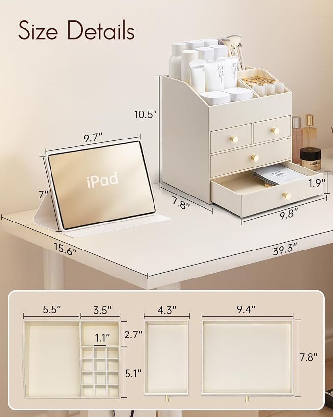 VLANDO Makeup Organizer,Vanity Organizer with Drawers, PU Leather Skincare Organizer Perfume Organizer,Large Cosmetic Display Case for Lipstick,Brushes Gifts for Women, Beige, 4 Layer