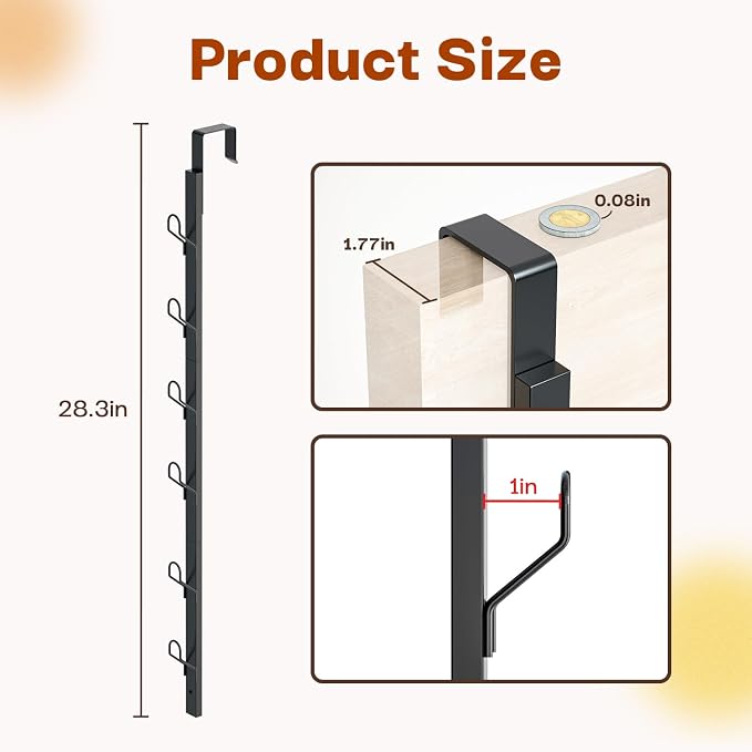 Over the Door Hooks Long with 6 Hooks, Behind the Door Towel Racks for Bathroom, Door Purse Bag Coat Robe Hanger, Hat Clothes Hanging Organizer with Non-Slip Pads & Suction Cups, 28.3 Inches, Black