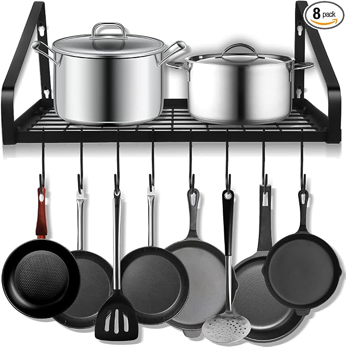 Felibeaco Hanging Pots & Pans Rack,Wall Mounted Pots Pans Organizer Holder Rack with 8 Hooks, Kitchen Wall Storage Organizer Hanger Shelves for Pans Set, Utensils, Cookware, Books, Household,Black