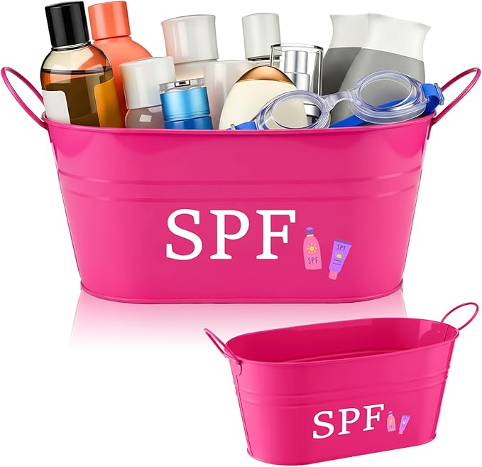 Blulu SPF Storage Bucket Metal Poolside Basket Above Ground Pool Bin Summer Basket Outdoor Storage for Sunscreen Goggles Flip Flop Spf Swimming Camping Beach Accessories Decor(Pink)