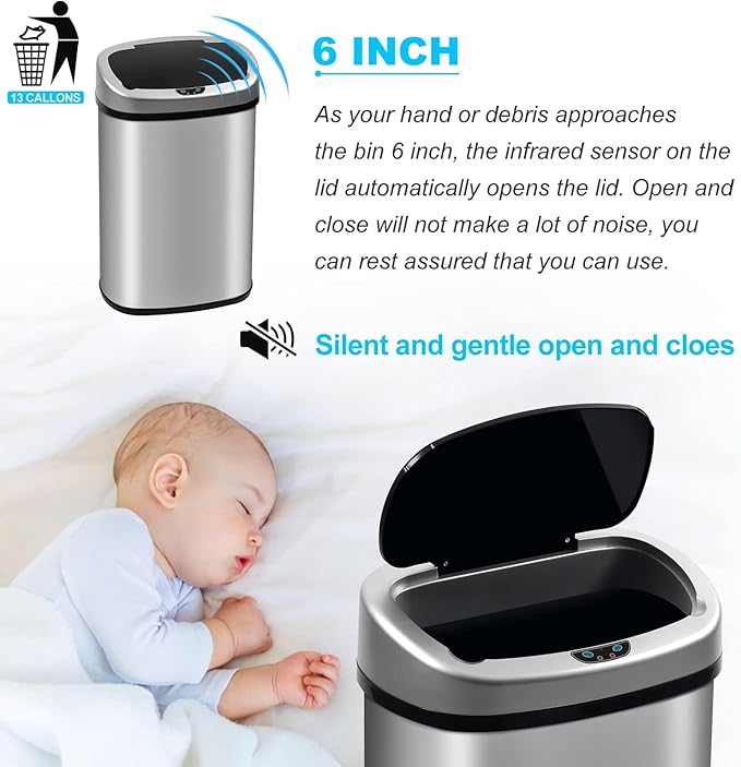 Bigacc Kitchen Trash Can | Stainless Steel 13 Gallon Trash Can | 50L Touch Free Garbage Can with Lid | Electronic Sensor High Capacity Trash Bin for Bathroom Kitchen Office, Silver