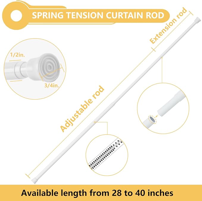 KXLife Tension Curtain Rod Adjustable 28-40 Inch, 2 Pack, White | No Drilling, Expandable Spring Loaded, Renter Friendly, for Window, Doorway, Kitchen