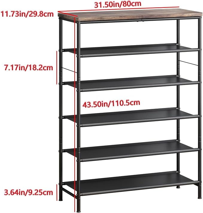 INGIORDAR Shoe Rack Organizer 6 Tier Metal Organizer Shelf with Industrial MDF Board and Layer Fabric for Entryway Closet Bedroom Living Room Garage,Black & Rustic Brown (Black+Rustic Brown, 6 Tier) | Metal space-saving Shoe Shelf stores 24+ Pairs of S...