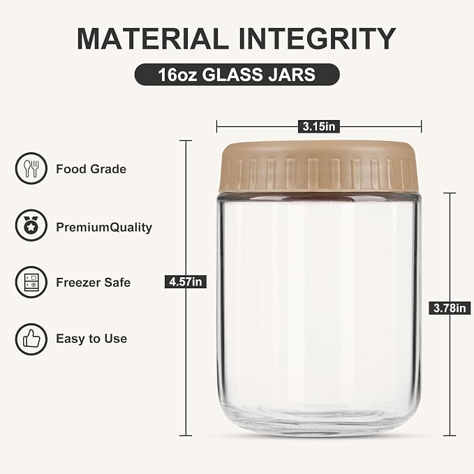 SHOWIN Overnight Oats Containers with Lids, 16oz Glass Jars with Lids 8 pcs, Taffy, Wide Mouth Mason jars for Salad, Yogurt, Snacks, Meal Prep