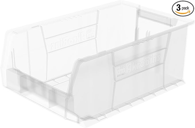Akro-Mils 30281 Super-Size AkroBins Plastic Storage Bins, Space-Saving Stackable Bins for Garage, Classroom, Warehouse Organization, 20" L x 12" W x 8" H, Clear, 3-Pack