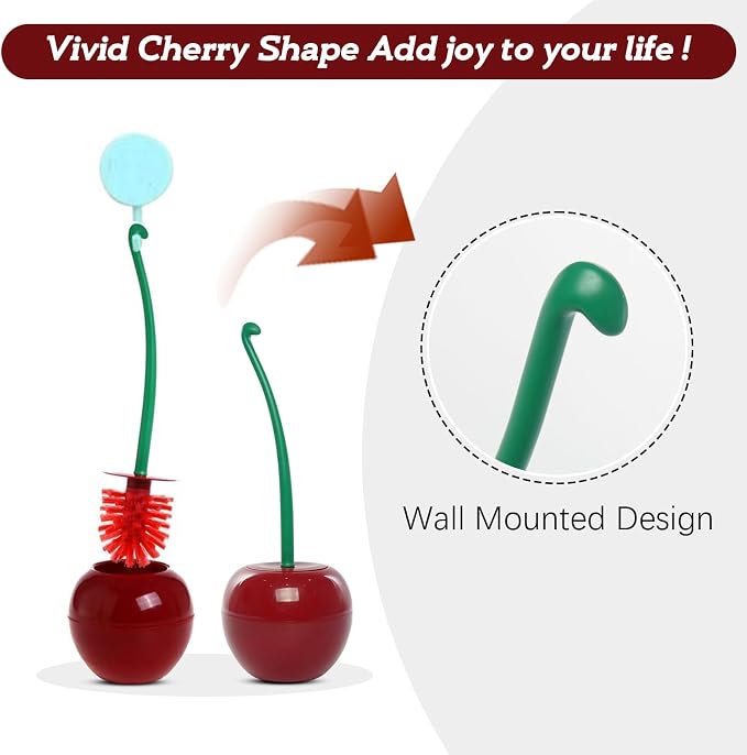 Creative Toilet Brush with Holder Bowl&Long Handle, Household Bathroom Cleaning Tool Cleaner and Base for Storage&Organization, Thick Bristle for Deep Clean-Rust Resistant Leakproof-Red Cherry Shape | Red Cherry Shape/ Household Bathroom Cleaner with B...