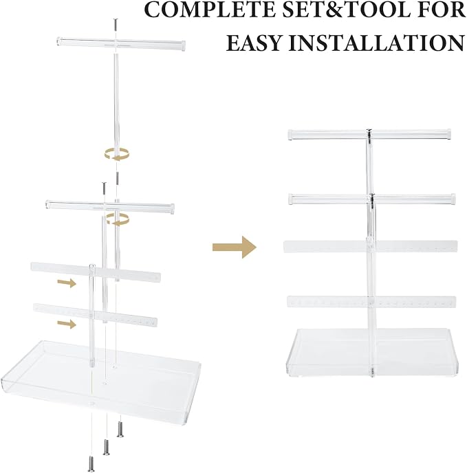 Acrylic Jewelry Organizer Stand with Tray, 4-Tier 14" Tall Tangle-Free Clear Jewelry Display Holder for Hanging Long Necklaces & Bracelets, 40 Earring Holes, Tower Tray Storage for Rings Watch Perfum
