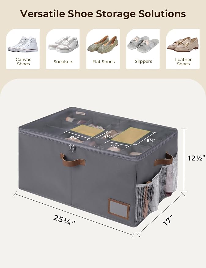 StorageWorks Large Shoe Storage Organizer for Closet, Up to 20 Pairs, Gray | Fixed Compartments, Clear Lid & Label Window, Side Mesh Pocket for Accessories, Soft Handles, Fits Flats, Sandals & Low-Tops