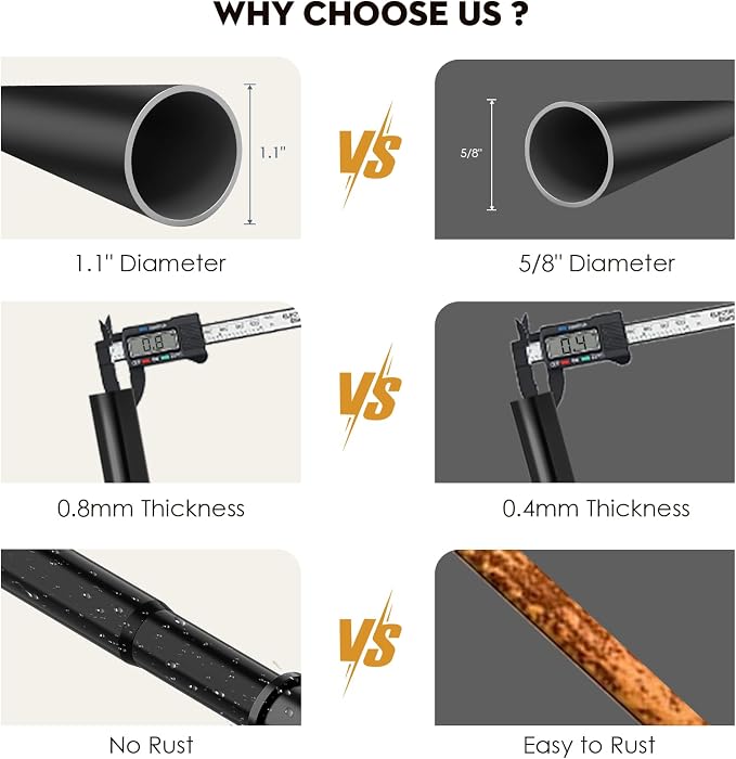 Black Tension Shower Curtain Rod 1.1" Diameter Heavy Duty Stainless Steel Adjustable Spring Tension Rods 30 to 88 inch No Drill Shower for Bathroom Windows Outdoor No Slip No Rust
