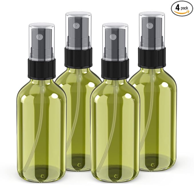 Wedama 2 oz Mini Glass Spray Bottles, Empty Small Spray Bottles with Funnel Dropper, Fine Mist for Hair, Travel, Plants, Cleaning Solutions and Skin Care (4 Pack Olive Green)