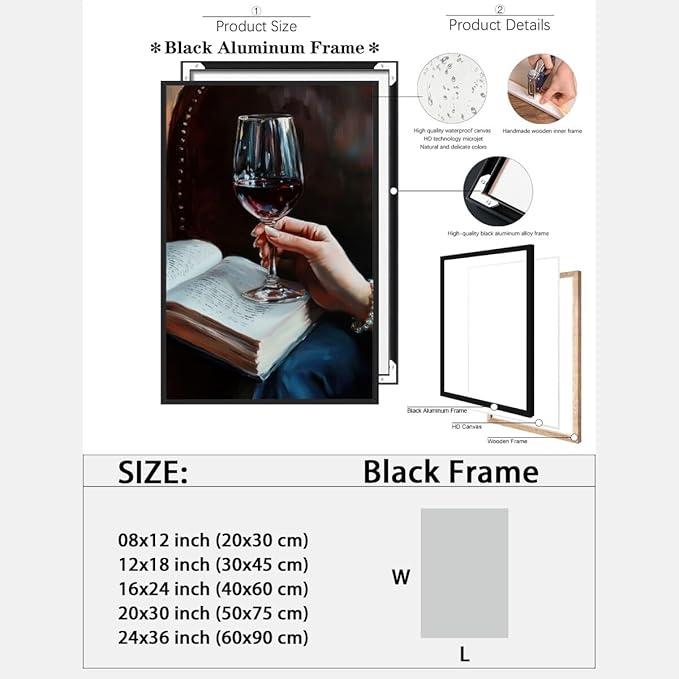 Wine and Book Girl Reading With Drink Art Aesthetic Poster Canvas Wall Art Decoration Living Room Home Decor Bedroom Decoration Poster black framed20x30inch