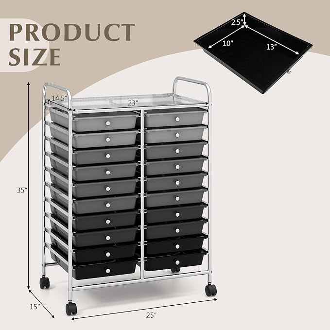 LDAILY 20-Drawer Rolling Storage Cart, Rolling Storage Cart, Storage Organizer on Wheels, Metal Frame, Scrapbook Paper Tools, Suitable for Office School, Classroom (Gradient Grey, 20 Drawer)