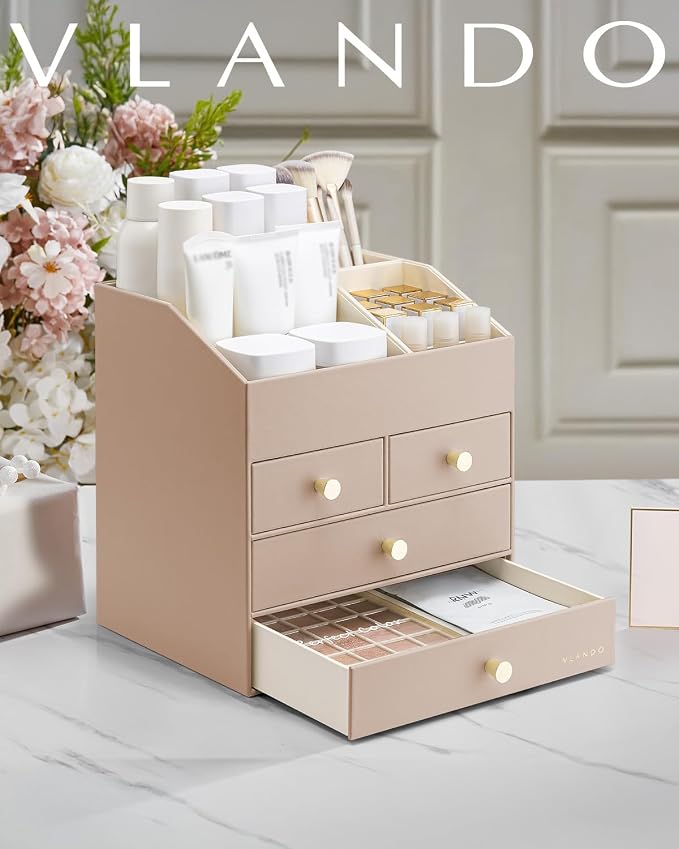 VLANDO Makeup Organizer,Vanity Organizer with Drawers, PU Leather Skincare Organizer Perfume Organizer,Large Cosmetic Display Case for Lipstick,Brushes Gifts for Women, Toffee, 4 Layer