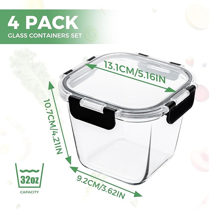32 oz Glass Soup Containers with Lids, 4 Cup Glass Storage Containers with lids, Airtight Leak Proof, Food Grade Glass Containers, Microwave, Oven, Freezer and Dishwasher, BPA Free