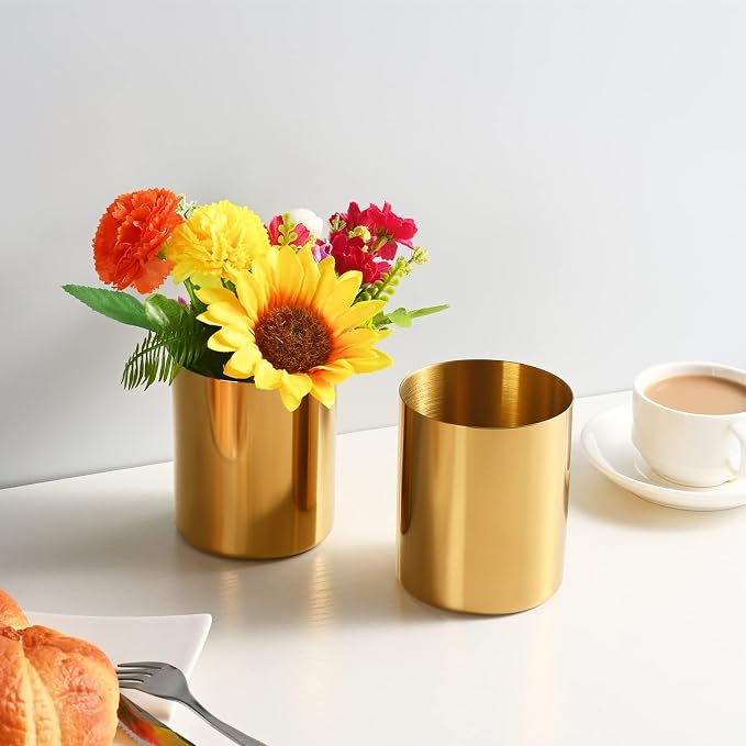 2 Packs Gold Pen Holder for Desk, SUS304 Stainless Steel Pen Organizer for Desk, Pencil Holder,Pencil Cup,Pen Cup,Desktop Stationery Organizer