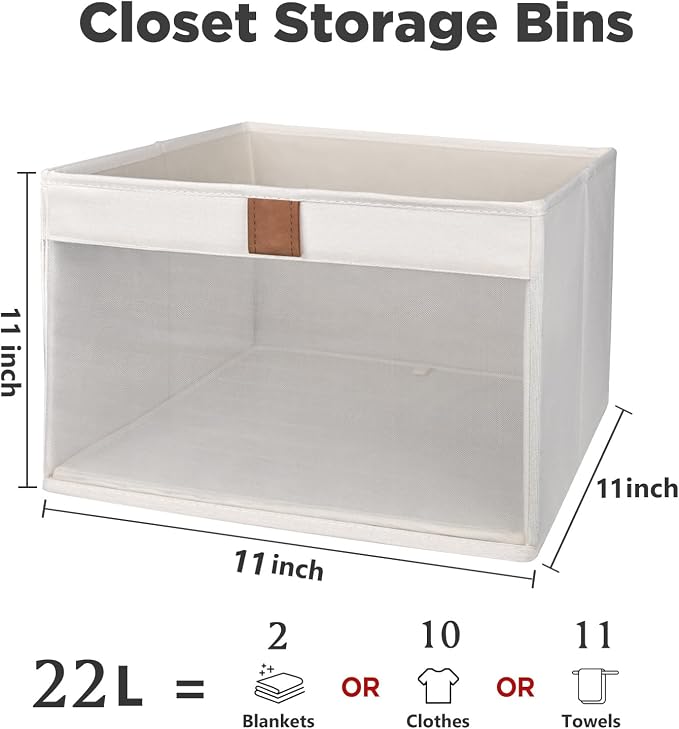 Linen Closet Organizers and Storage, Closet Storage Bins Basket Organizer, Foldable Organization Baskets with Mesh Window for Clothes Towels and Toys, 11" x 11" x 11", Beige, 6 pack