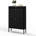 XIAO WEI Shoe Cabinet, Shoe Storage Organizer Cabinet with 2 Flip Wavy Line Drawers, Freestanding Shoe Rack with Adjustable Shelf for Entryway（Black）
