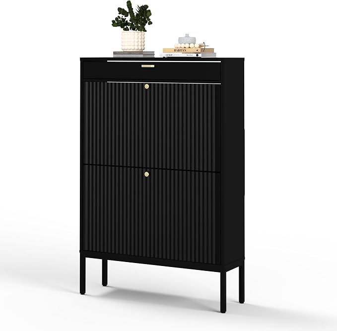 XIAO WEI Shoe Cabinet, Shoe Storage Organizer Cabinet with 2 Flip Wavy Line Drawers, Freestanding Shoe Rack with Adjustable Shelf for Entryway（Black）