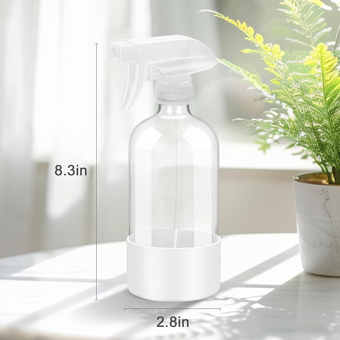 Worldgsb 2 Pack Glass Spray Bottles with Silicone Sleeve, 16 oz Empty Refillable Containers with Adjustable Spray Nozzles, Spray Bottles for Hair, Cleaning Solutions and Plants White