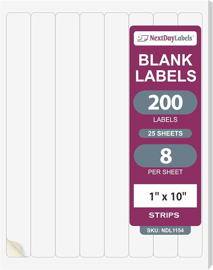 NextDayLabels 1x10 Inch Strip Stickers White Blank Labels for Laser Inkjet Printer - 8 Per Sheet Self-Adhesive Unique Size Label Made in USA - 200 Labels