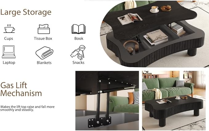 Lift Top Coffee Table with Hidden Storage Fluted Panel Silent Hydraulic Lift Curved Corners (Black)
