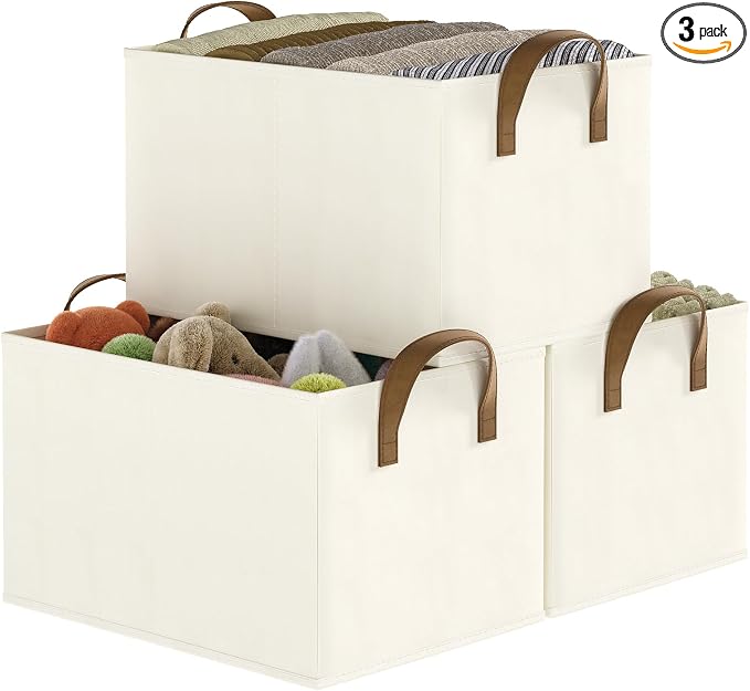 Closet Storage Bins, Fabric Closet Organizers and Storage Basket for Shelves, Collapsible Shelf Baskets for Organizing Shelves, Bedroom Clothes Basket, Beige, 3 Pack