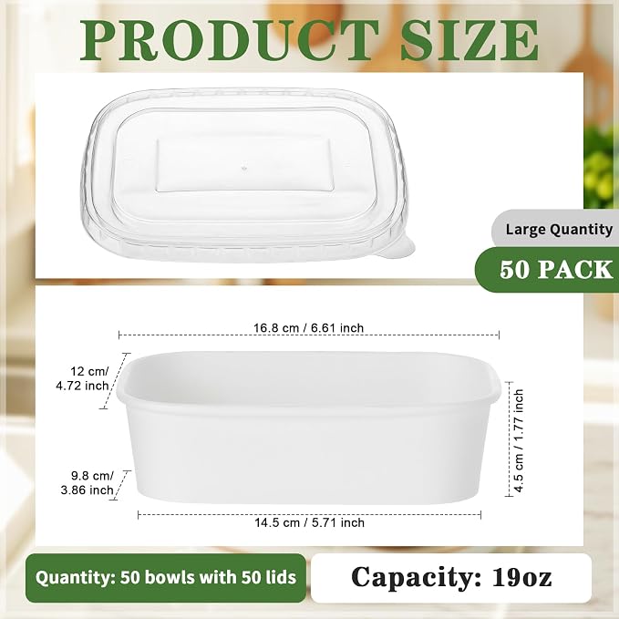 Maxdot 50 Pack 19 oz Disposable Food Containers with Lids Paper Food Containers Bowls for Meal Prep, Salad, Ice Cream, Yogurt, Soup Bowls Party Leftover Box
