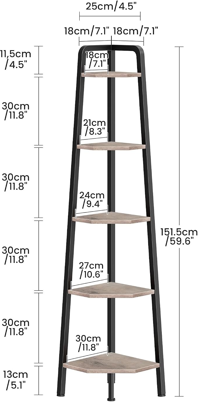 CHOEZON Corner Shelf, 5-Tier Ladder Corner Shelf, Ladder Bookshelf, 59.6" Tall Vertical Display Stand, Metal Frame Bookshelf, for Living Room, Bedroom, Kitchen, Greige and Black TCJ20BG