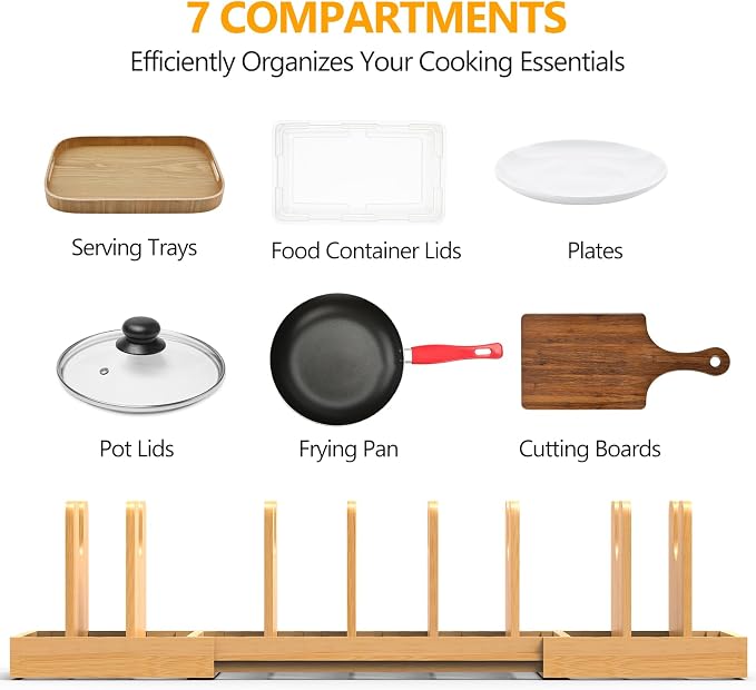 Pots and Pans Organizer Under Cabinet,Bamboo Pot Lid Organizer | Expandable Pan Organizer, Pot and Pan Organizer Rack for Kitchen Countertop or inside Cabinet