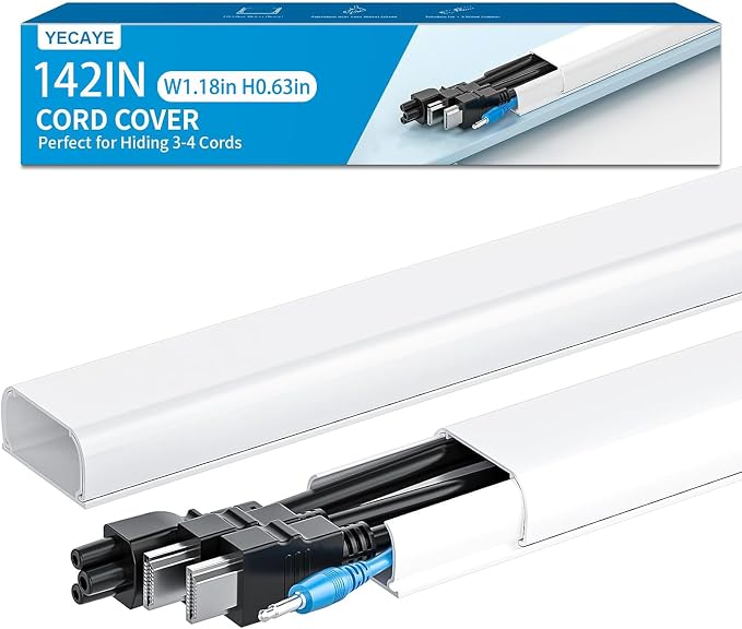 Yecaye 142in Wall Cord Hider for 3-4 Cords, On-Wall Cord Cover Channel, Cable Concealer, Cable Cover Cords Management for Home Office, W1.18in H0.63in, White