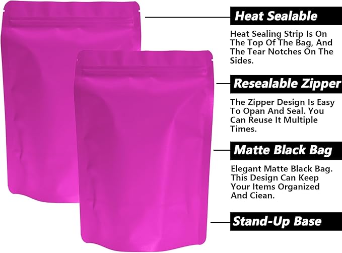 100PCS Smell Proof Resealable Pouch Bags,ULIFESTAR Aluminum Foil Flat Food Storage Bag,Sealable Pcsaging Zipper Pouches with Tear Notches for Pcsaging Lipgloss,Jewelry,etc(14*20cm/5.51*7.87",Purple)