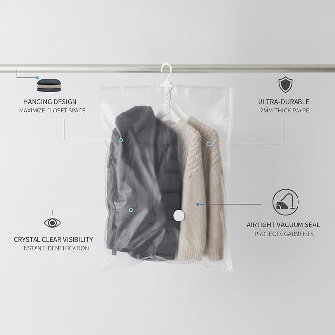 Hanging Vacuum Storage Bags for Closet, Clear Compression Garment Covers for Coats & Suits, Space Saving Organizer (1 Pack)