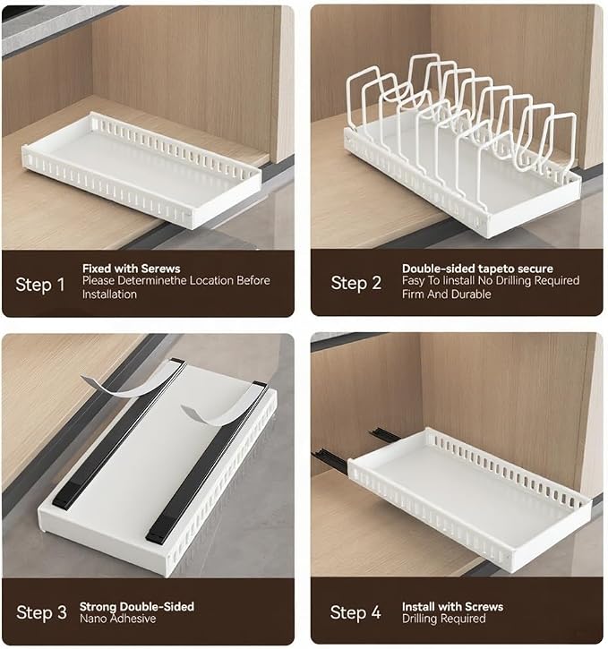 Pull Out Pot Lid Organizer, Cabinet Pan Rack, 8 Dividers | 2-pack black carbon steel rack, 16 adjustable dividers, quiet slide rails, adhesive or screw mount for lids, pans, bakeware
