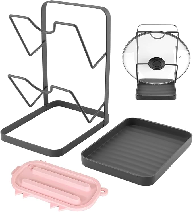 Kitchen Pot Lid Storage Rack, 2-Tier Stainless Steel Pan Lids Holder with Detachable Drip Tray While Cooking, Multifunctional Countertop Organizer for Pan Storage
