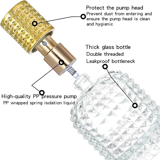 2 Pack 50ml Thick Empty Clear Glass Fine Mist Spray Luxury Refillable Perfume Bottles Atomizer Spray Bottle with 4 kinds of perfume dispenser (Silver cap and Gold cap)