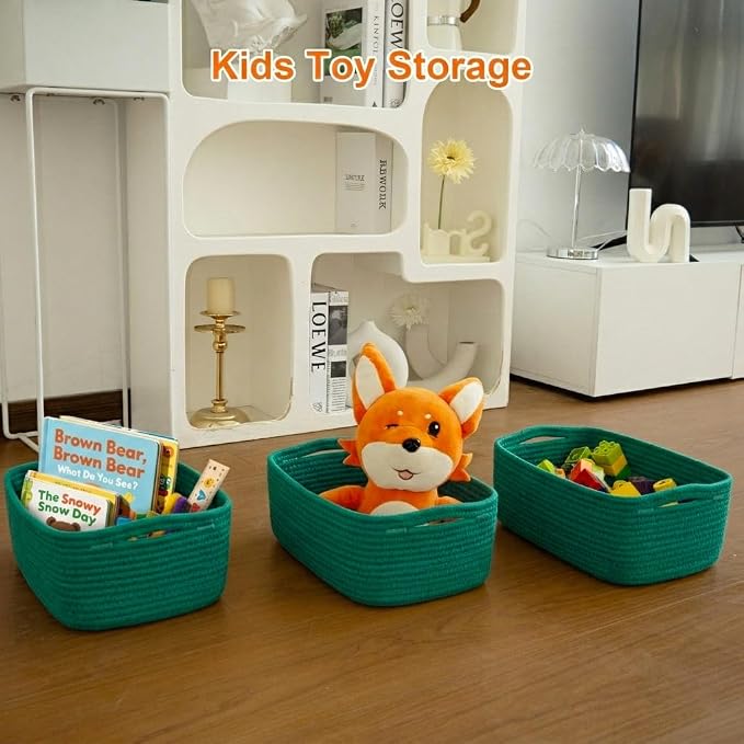 Small Storage Baskets for Organizing, Woven Storage Bins for Shelves, Gift Basket Empty, Cute Decorative Closet Organizer, Baby Rope Basket, Dog Toy Storage, 11x7.5x4.5”, 3Packs Green