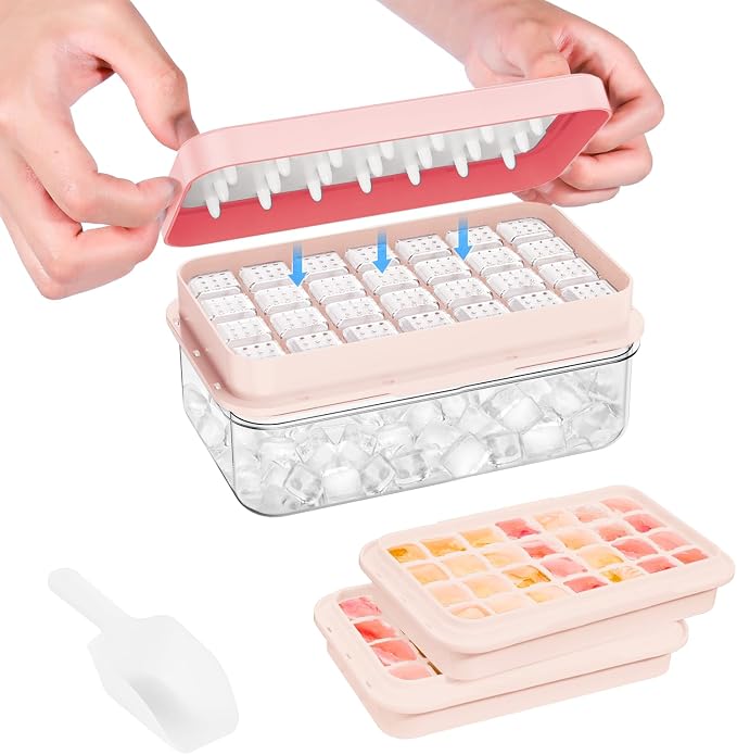0.8“ Ice Cube Tray with Lid and Bin, PHINOX 56 Cubes Ice Trays for Freezer, Ice Cube Trays for Freezer with 2 trays, Container, Lid & Ice Scoop, BPA Free, Pink(28Cubes/Tier)