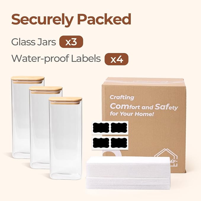 ComSaf Pasta Containers Storage 2.2 Qt, Set of 3 Glass Storage Containers | Rectangle Spaghetti Container Storage, 11.3-Inch Tall Glass Jars, Flour, Cereal, Dry Food Storage, Pasta Jars 70oz, BPA Free