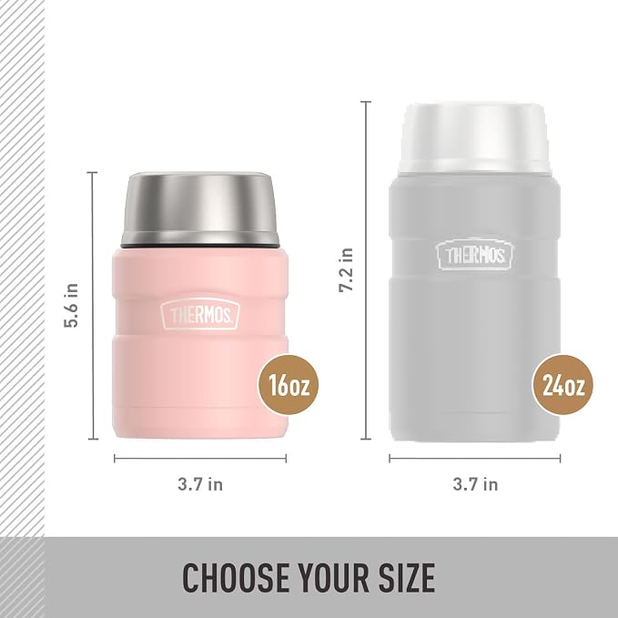 THERMOS Stainless King Vacuum-Insulated Food Jar with Spoon, 16 Ounce, Matte Pink