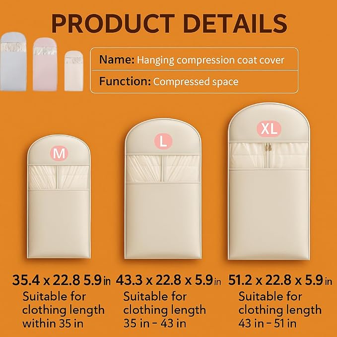 Space Saving Hanging Garment Bag with Self Compression Zipper, Suit Cover Bags, Heavy Duty Jackets & Parkas Storage, Dust Cover, Closet Organizer for Storage (Beige,L)