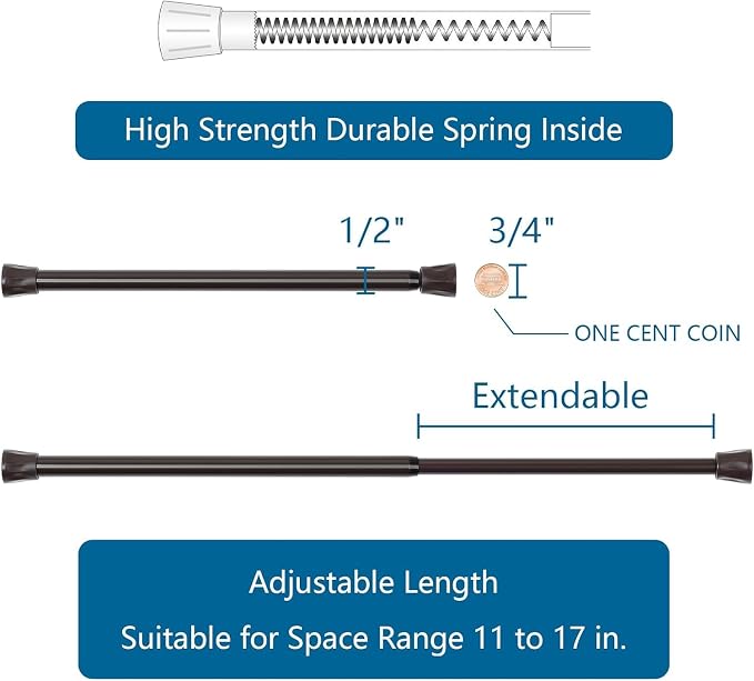 TYRON Tension Curtain Rod 11 to 17 Inch, Extendable Small Short Tension Rod, No Drill Extension Pressure Curtain Rods for Window, Closet, Kitchen, Cupboard, Cabinet Divider (Bronze, 2 Pack)